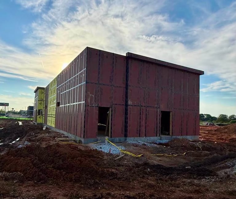Industrial metal building under construction with burgundy corrugated walls on dirt lot against cloudy sky